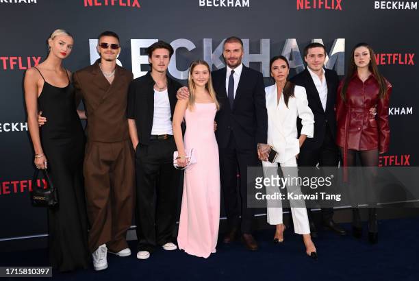 Mia Regan, Romeo Beckham, Cruz Beckham, Harper Beckham, David Beckham, Victoria Beckham, Brooklyn Beckham and Nicola Peltz attend the Netflix...