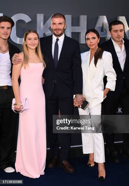 Harper Beckham, David Beckham and Victoria Beckham attend the Netflix 'Beckham' UK Premiere at The Curzon Mayfair on October 03, 2023 in London,...