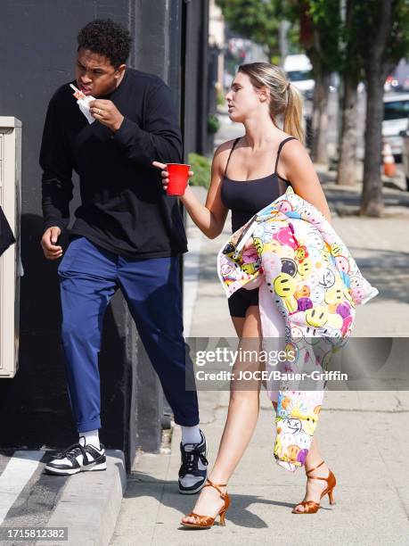 Brandon Armstrong and Lele Pons are seen at the 'Dancing with the Stars' rehearsal studio on October 09, 2023 in Los Angeles, California.