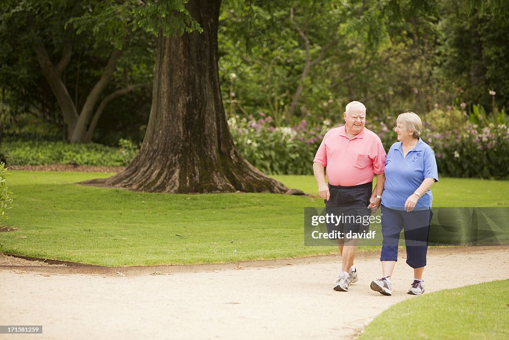 年配のカップルに、公園の散歩