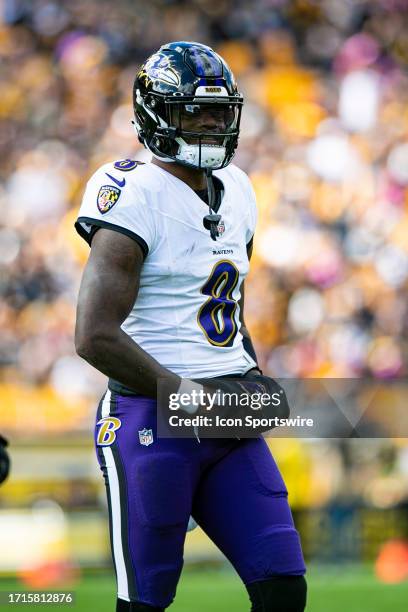 Baltimore Ravens quarterback Lamar Jackson looks on during the regular season NFL football game between the Baltimore Ravens and Pittsburgh Steelers...