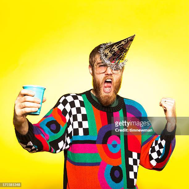 crazy new years party guy - ugly people stock pictures, royalty-free photos & images
