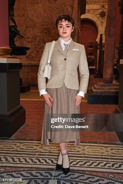 Maisie Williams attends Thom Browne's 20th Anniversary celebration with Phaidon at the Victoria and Albert Museum on October 9, 2023 in London,...