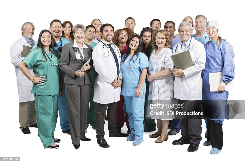 Large group of doctors, nurses, hospital staff isolated on white
