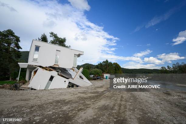 Heavily damaged house is seen on the bank of the Savinja River, in Recica ob Paki, Slovenia on September 19 after heavy floods hit Slovenia in the...