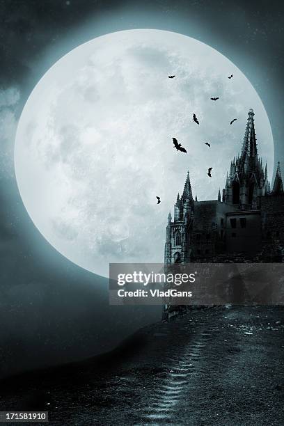 old castle - halloween moon stock pictures, royalty-free photos & images