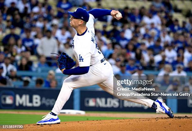 Los Angeles, CA Starting pitcher Bobby Miller of the Los Angeles throws to the plate against the Arizona Diamondbacks in the first inning during Game...