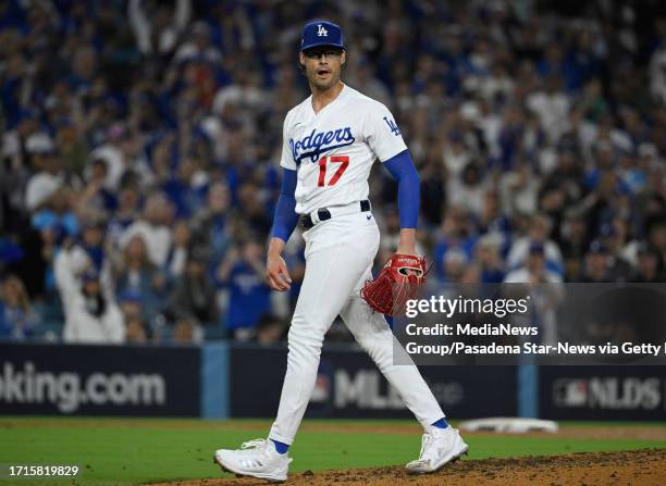 Los Angeles, CA Relief pitcher Joe Kelly of the Los Angeles Dodgers reacts after striking out Tommy Pham of the Arizona Diamondbacks to end the...