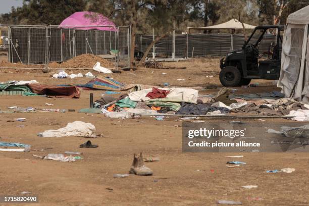 October 2023, Israel, Re'im: A view of the destruction on the grounds of the Supernova electronic music festival after Saturday's deadly attack by...