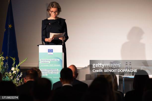 Queen Mathilde of Belgium delivers a speech at a royal visit to the conference 'An EU comprehensive approach that prioritises sound mental health for...