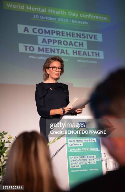 Queen Mathilde of Belgium delivers a speech at a royal visit to the conference 'An EU comprehensive approach that prioritises sound mental health for...