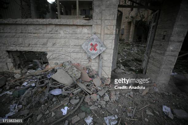 View of destroyed Red Cross building as the Israeli airstrikes continue on its fourth day at the Gaza Strip in Gaza City, Gaza on October 10, 2023.