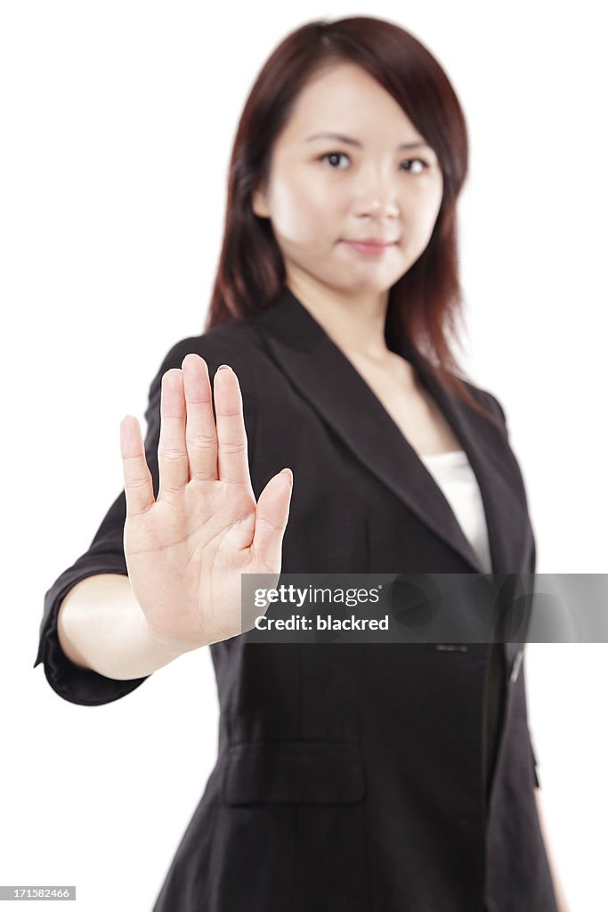 Mulher de Negócios Chinês Gesticular parar no fundo branco
