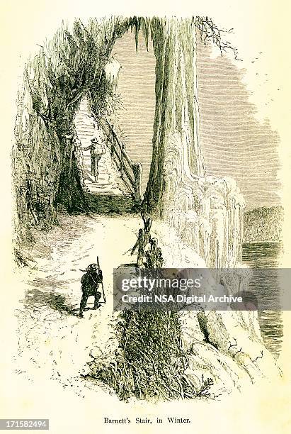 barnett's stair, ontario, niagara falls, wood engraving (1872) - niagara falls city ontario stock illustrations