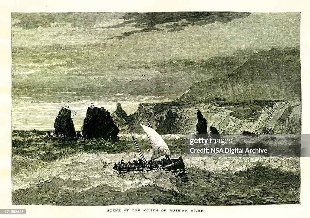 At the mouth of Russian River, California, wood engraving (1872)