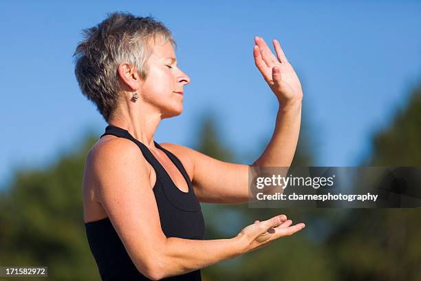 fitness mulher madura tai chi chuan - tai chi imagens e fotografias de stock