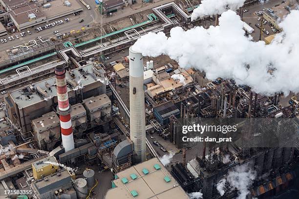 oil refinery, aerial photo - fort mcmurray canada stock pictures, royalty-free photos & images