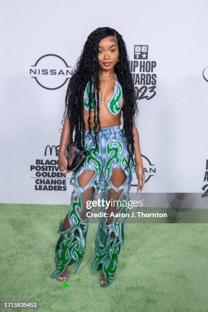 Lola Brooke arrives at the BET Hip Hop Awards at Cobb Energy Performing Arts Center on October 03, 2023 in Atlanta, Georgia.