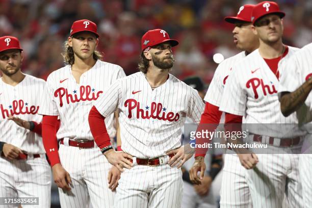 Bryce Harper of the Philadelphia Phillies looks on prior to Game One of the Wild Card Series against the Miami Marlins at Citizens Bank Park on...