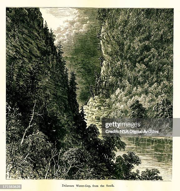 delaware water gap from the south - delaware water gap stock illustrations