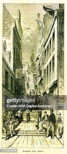 breakneck stairs, quebec, canada | historic american illustrations - petit champlain street stock illustrations