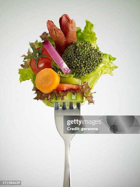fresh salad and sausage - gaffel bildbanksfoton och bilder