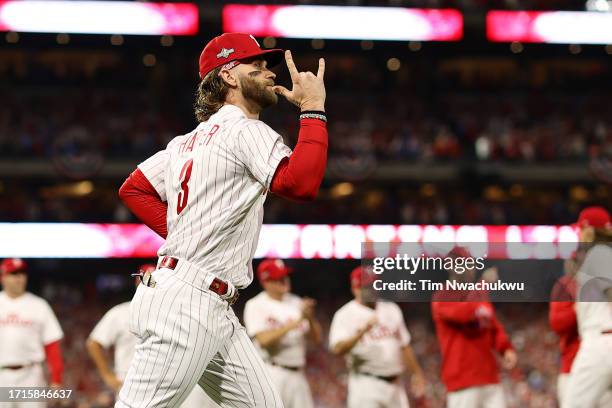 Bryce Harper of the Philadelphia Phillies takes the field as he is introduced prior to Game One of the Wild Card Series against the Miami Marlins at...