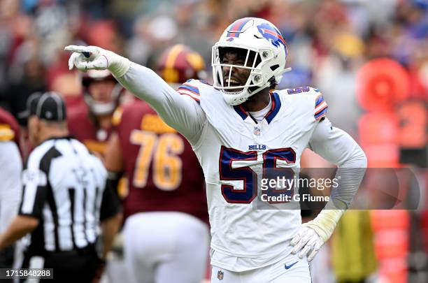 Leonard Floyd of the Buffalo Bills celebrates during the game against the Washington Commanders at FedExField on September 24, 2023 in Landover,...