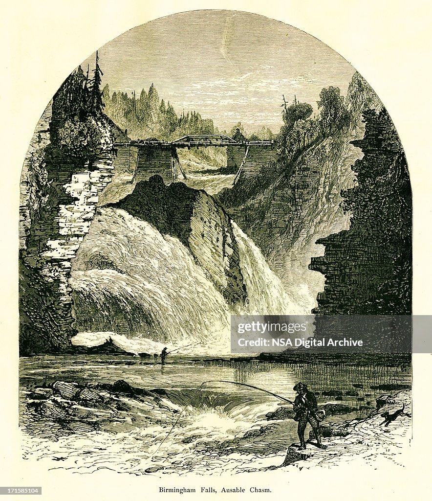 Birmingham Falls, Ausable Chasm, New York, wood engraving (1872)