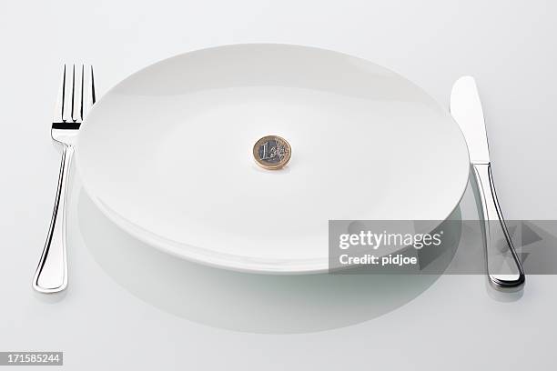 euro coin on empty white plate, symbol for crisis - one euro coin stock pictures, royalty-free photos & images