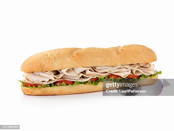 foot long turkey submarine sandwich - sandwich baguette stock pictures, royalty-free photos & images