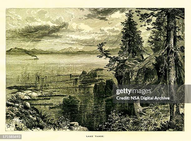 lake tahoe, usa | historic american illustrations - lake tahoe snow stock illustrations