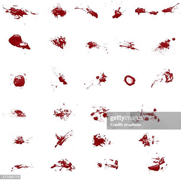 set of various blood splatters isolated on white - smudged stock pictures, royalty-free photos & images