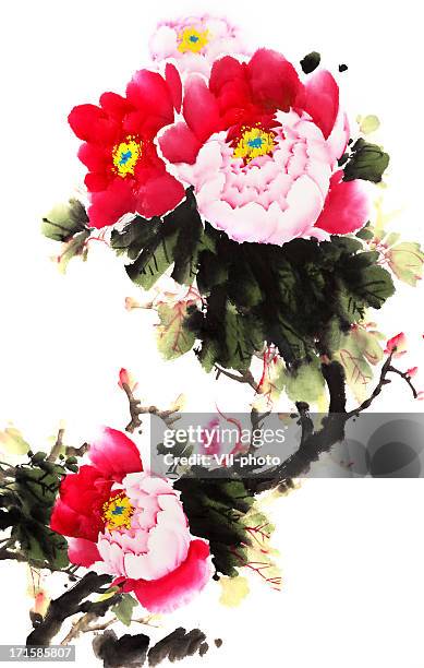 peony - chinese landscape painting stock illustrations