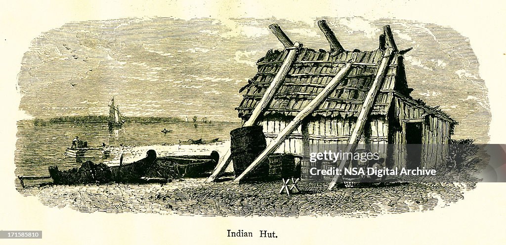 Hut of Native Americans, Mackinac Island, Michigan, wood engravi