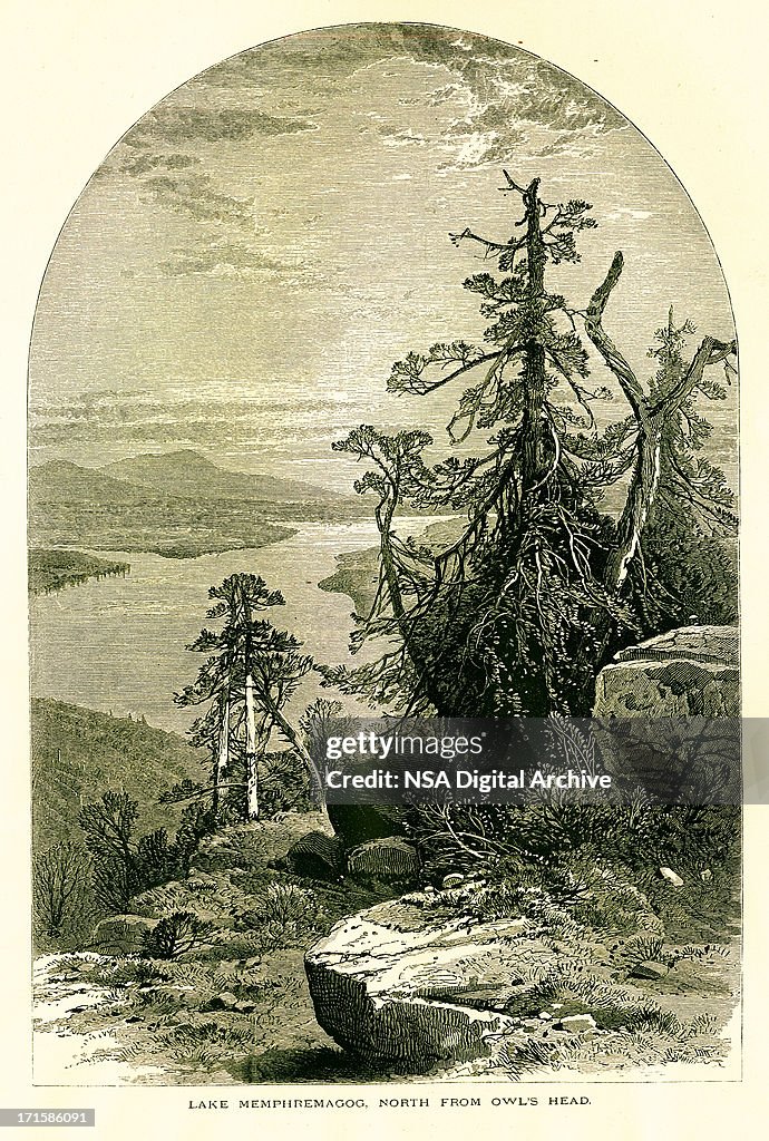 Lake Memphremagog north from Owl's Head, wood engraving (1872)