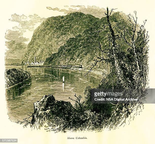 the susquehanna river above columbia, usa, wood engraving (1872) - columbia river stock illustrations