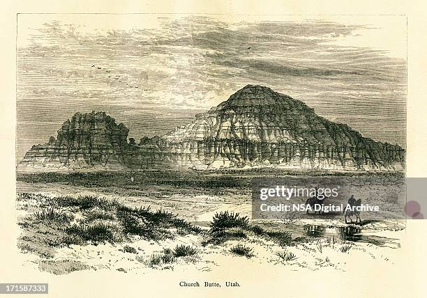 church butte, utah | historic american illustrations - prairie stock illustrations