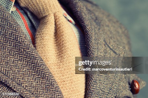 Retro vintage twill jacket with woolen necktie - Close-up Retro vintage twill jacket with woolen necktie - Close-up