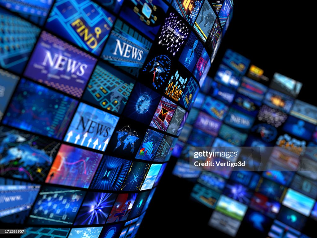 Multiple television screens in blue tones