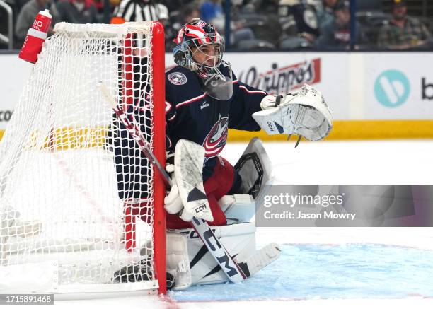 Jet Greaves of the Columbus Blue Jackets tends net during the third period against the St. Louis Blues at Nationwide Arena on October 02, 2023 in...