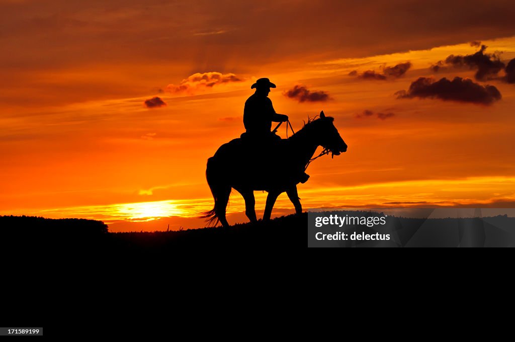 Caubói com um cavalo no pôr-do-sol