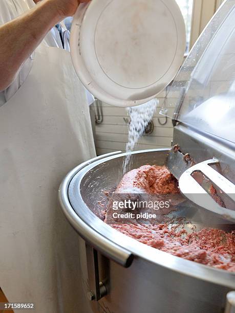 butcher preparing liver loaf - leberkäse stock pictures, royalty-free photos & images