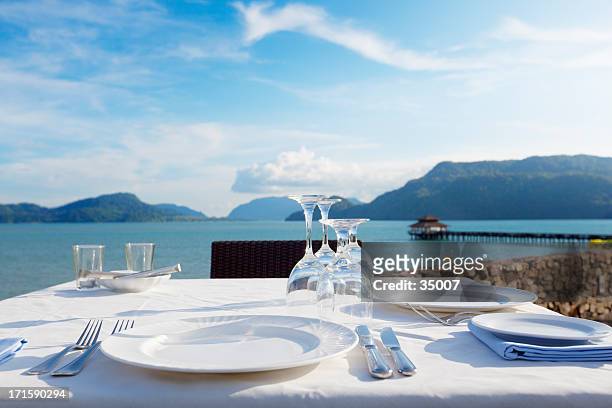 dining with a view - luxury table setting stock pictures, royalty-free photos & images