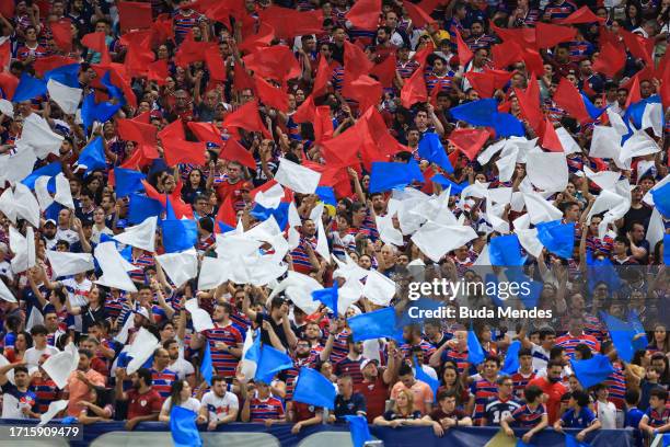 Fans of Fortaleza cheer for the team prior the Copa Sudamericana 2023 semifinal second leg match between Fortaleza and Corinthians at Castelao...