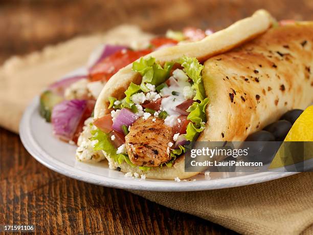 chicken souvlaki wrap - flatbread stock pictures, royalty-free photos & images