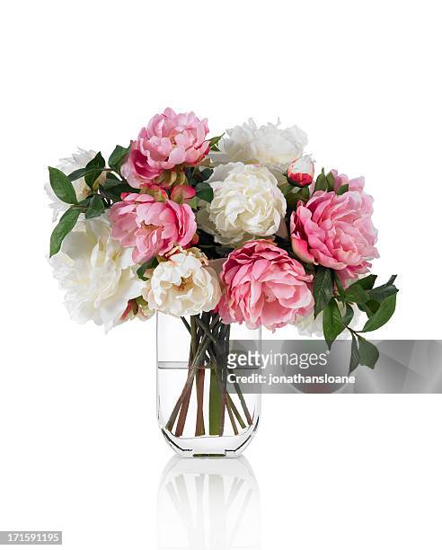 large mixed peonies spring bouquet on white background - flower arrangement stock pictures, royalty-free photos & images