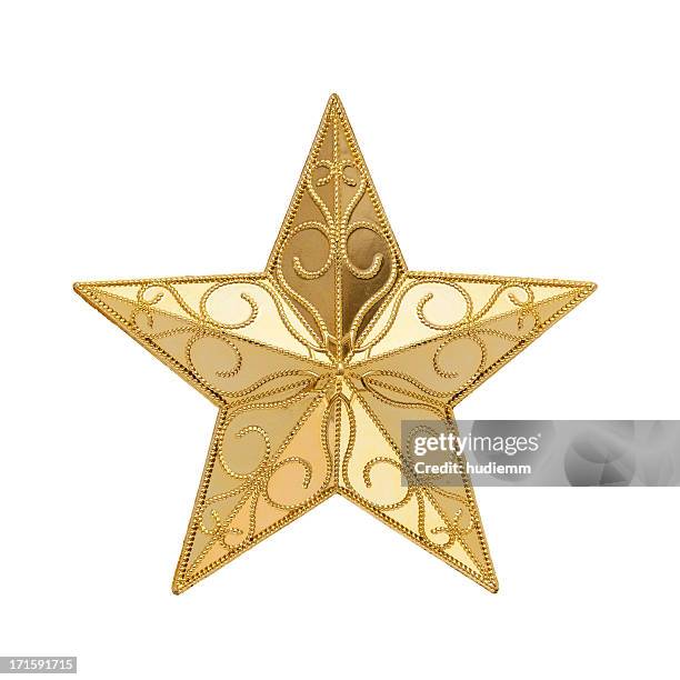 golden star (clipping path!) isolated on white background - tree topper stock pictures, royalty-free photos & images