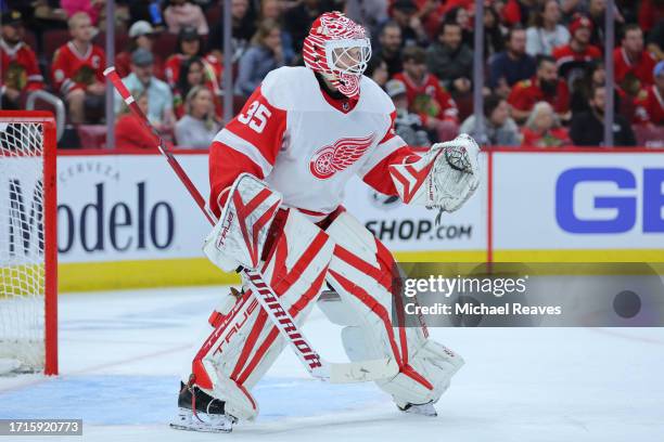 Ville Husso of the Detroit Red Wings tends the net against the Chicago Blackhawks during the first half of preseason game at the United Center on...