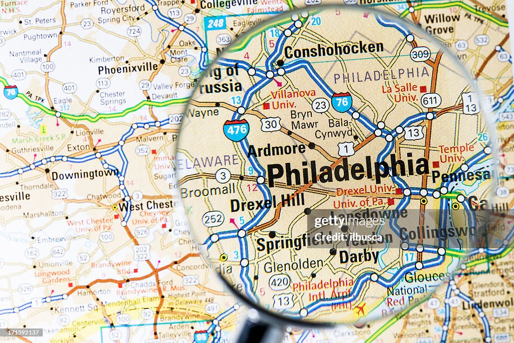Cities under magnifying glass on map: Philadelphia